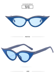 Vues de face et de côté de lunettes de soleil œil de chat bleues aux montures pointues