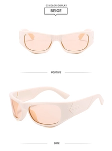 Front and side view of beige Y2K wrap sports sunglasses with light orange lenses