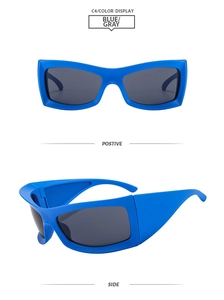 Detail view of oversized blue matte sunglasses with gray lenses in side and front views