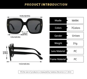 Detailed size chart for square wood grain sunglasses showing frame dimensions and PC material