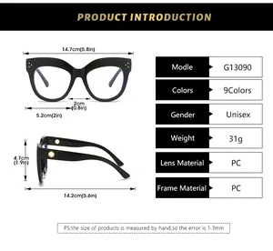 Detailed size chart for G13090 cat-eye glasses frames showing dimensions in cm and inches