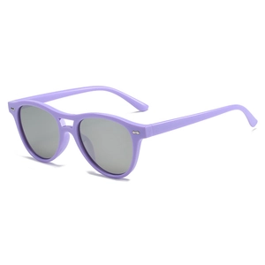 Modern double bridge aviator sunglasses with purple frame and grey lenses for a retro look