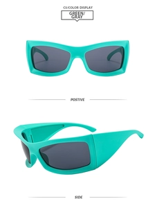 Front and side view of mint green oversized square sunglasses with dark grey lenses