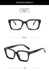 Detailed views of black square frame glasses with silver triple stud hinges on white background