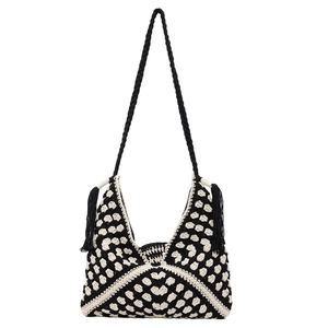 Large capacity woven tote bag with black and white patterns and fringe tassels