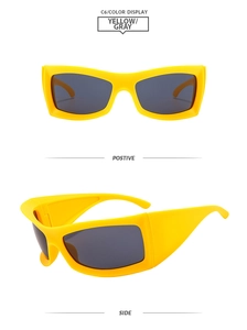Front and side view of yellow oversized wrap sunglasses with grey lenses in bold frame