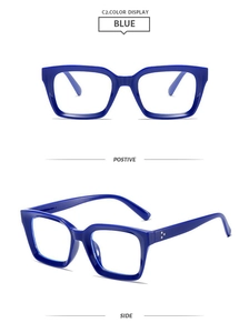 Detailed views of shiny blue square glasses frame with classic triple stud rivets