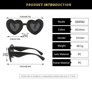Detailed size chart for Y2K heart shaped sunglasses showing lens and frame dimensions