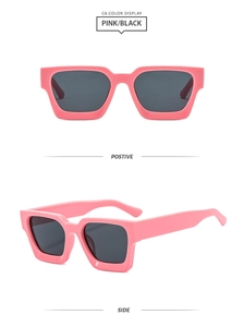 Vorder- und Seitenansicht der eckigen rosa Sonnenbrille mit dunklen Gläsern