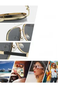 Detail of pilot sunglasses with gold metal frame, adjustable nose pads and durable hinge