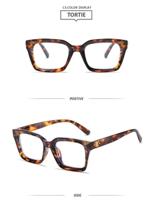 Macro detail of square tortoiseshell blue light glasses frames from front and side views