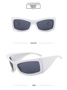 Front and side views of chunky white square oversized sunglasses with grey lenses