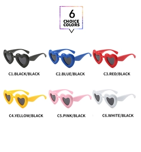 Matrix display of heart-shaped Y2K sunglasses in six vibrant frame colors