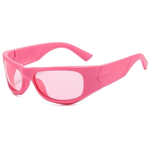Pink Y2K futuristic wrap-around sports sunglasses with embossed triangle temple detail