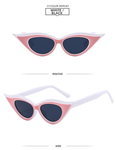 Vues de face et de côté de lunettes de soleil œil-de-chat avec monture blanc-rose