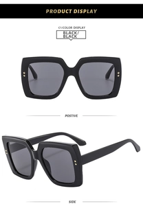 Detailed front and side view of square wood grain texture sunglasses with gold rivets