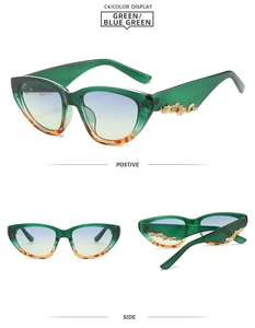 Detail view of cat eye sunglasses with tortoise pattern and gold embossed temples