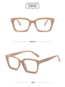 Detail view of coffee-colored square frame glasses showing front and side profile