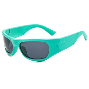 Mint green Y2K sporty sunglasses with dark grey lenses in a streamlined wraparound frame