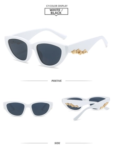 Detail view of white cat-eye sunglasses with golden relief on temples from multiple angles