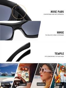 Macro detail of high-strength hinges and nose pads on oversized square black sunglasses