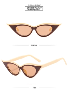 Vue de face et de profil des lunettes de soleil œil de chat beige marron et champagne