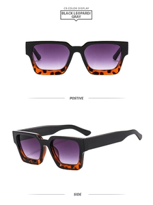 Vorder- und Seitenansicht der eckigen Sonnenbrille mit schwarzem Gestell und Leopardenmuster
