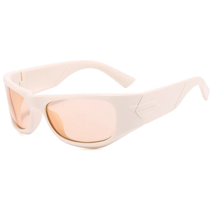 Futuristic cream sport sunglasses with orange lenses and geometric temples in Y2K style
