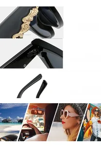Detailed view of luxury cat-eye sunglasses with gold embossed hinges and ergonomic temples