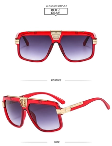 Detailed front and side view of square red retro sunglasses with gold metal grid decor