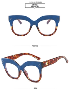 Detail of cat-eye frames with blue top and floral tortoiseshell finish on lower rim