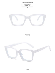 Front and side views of stylish white thick-frame square anti-blue light glasses