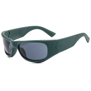 Futuristic matte military green sports sunglasses with wide temples and dark grey lenses