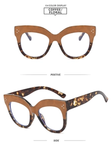 Cat-eye glasses detail showing front and side views in coffee and floral tortoiseshell