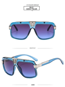 Detailed views of grey-blue square sunglasses with gold mesh metal accents on the frames