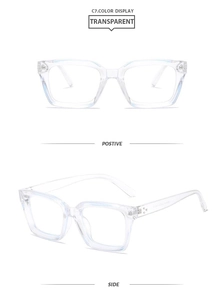 Front and side view of trendy transparent square frame glasses with anti-blue light lenses