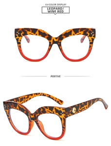 Detailed view of oversized cat-eye glasses frame in leopard and wine red finish