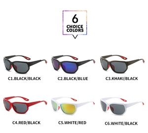Gros plan de lunettes de soleil de sport en six couleurs avec embouts de branche rouges
