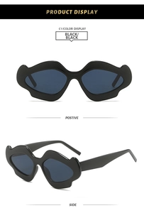 Detailed front and side view of black wave-shaped irregular Y2K style sunglasses