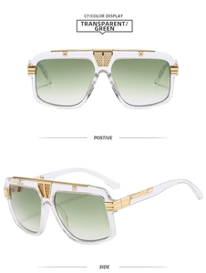 Square transparent frame sunglasses with gradient green lenses and golden metal details