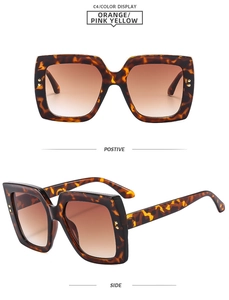 Detailed front and side view of tortoiseshell square sunglasses with gold rivets