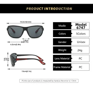 Size chart for Y2K square frame sports sunglasses with detailed frame and lens dimensions