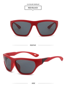Vorder- und Seitenansicht der roten Y2K Sport-Sonnenbrille mit grauen Gläsern