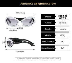 Detailed size specifications for Y2K wavy frame sunglasses with gradient grey lenses