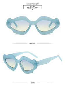 Front and side views of jelly blue cloud-shaped Y2K sunglasses with gradient lenses
