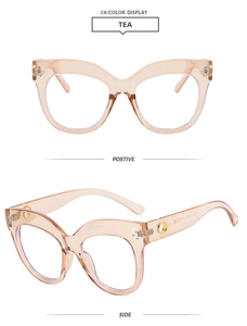 Detailed front and side views of tea-colored cat-eye glasses frames with gold metal accents