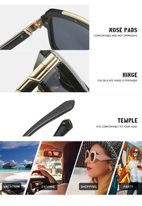 Detail of premium black sunglasses with gold metal hinges and lifestyle wear shots