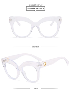 Detailed views of transparent cat-eye glasses frames with stylish gold metal accents