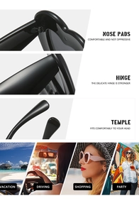 Detailed views of black Y2K heart sunglasses with scene displays for party and driving