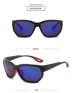 Vue détaillée de lunettes de cyclisme noires avec verres miroirs bleus et détails rouges